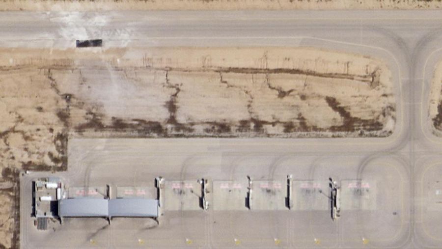 This satellite photo taken by Planet Labs PBC shows a repaired taxiway after Iranian attack on Israel's Nevatim air base Friday, April 19, 2024. An Iranian attack on an Israeli desert air base as part of Tehran's unprecedented assault on the country damaged a taxiway, a satellite image analyzed by The Associated Press on Saturday shows. (Planet Labs PBC via AP)
