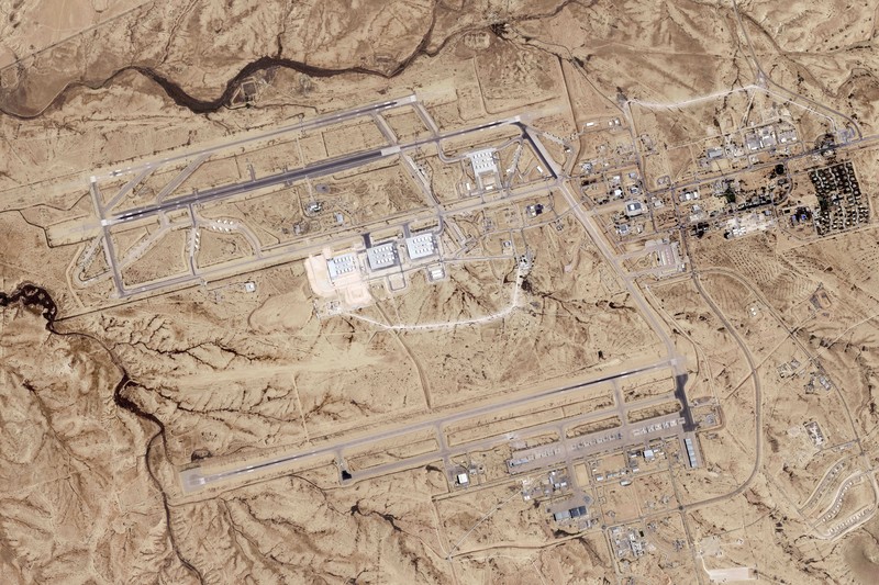 Mideast Tensions Burn marks surround what analysts identify as a radar system for a Russian-made S-300 missile battery, center, near an international airport and air base is seen in Isfahan, Iran, Monday, April 22, 2024. Satellite photos taken Monday suggest an apparent Israeli retaliatory strike targeting Iran's central city of Isfahan hit a radar system for a Russian-made air defense battery, contradicting repeated denials by officials in Tehran in the time since the assault. (Planet Labs PBC via AP)