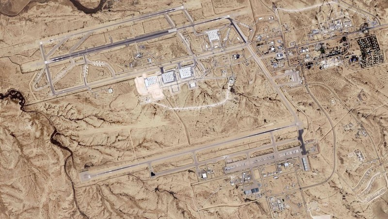 Burn marks surround what analysts identify as a radar system for a Russian-made S-300 missile battery, center, near an international airport and air base is seen in Isfahan, Iran, Monday, April 22, 2024. Satellite photos taken Monday suggest an apparent Israeli retaliatory strike targeting Iran's central city of Isfahan hit a radar system for a Russian-made air defense battery, contradicting repeated denials by officials in Tehran in the time since the assault. (Planet Labs PBC via AP)