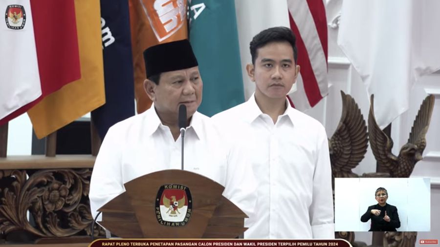 Pidato Calon Presiden dan Wakil Presiden Prabowo Subianto-Gibran Rakabumi Raka. (Tangkapan Layar Youtube)
