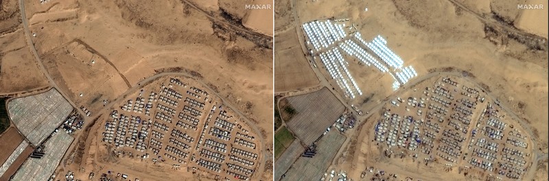 Citra satelit menunjukan ribuan tenda dibangun di dekat Khan Younis, di Gaza. Hal ini membuktikan bahwa Israel akan segera melancarkan serangan darat di kota perbatasan selatan Rafah. (Maxar Technologies/Handout via REUTERS)