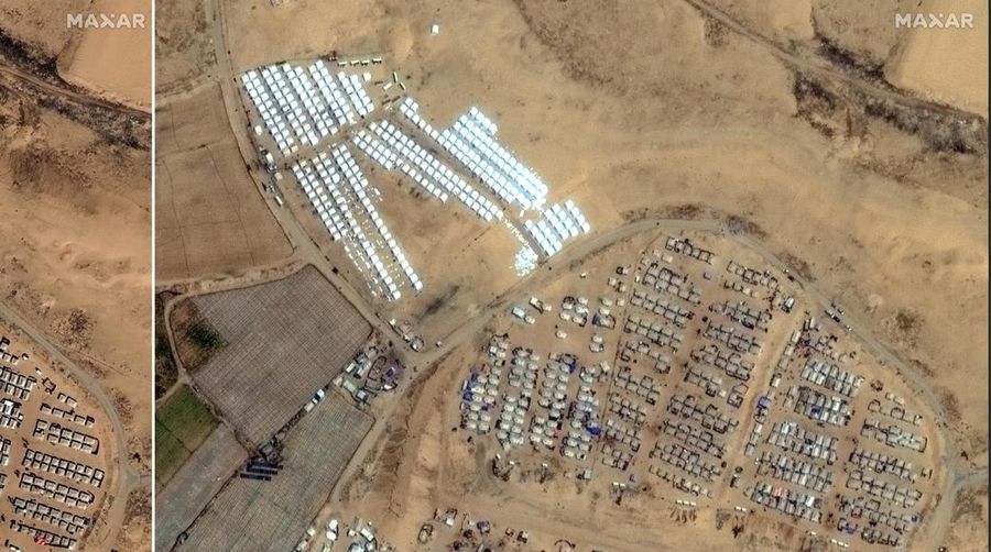 Citra satelit menunjukan ribuan tenda dibangun di dekat Khan Younis, di Gaza. Hal ini membuktikan bahwa Israel akan segera melancarkan serangan darat di kota perbatasan selatan Rafah. (Maxar Technologies/Handout via REUTERS)
