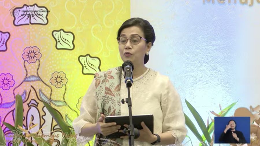 Menteri Keuangan (Menkeu), Sri Mulyani Indrawati saat memberikan keynote speech dalam diskusi Kartini Menembus Batas Menuju Ekonomi Inklusif pada Kamis (25/4/2024). (Tangkapan Layar Youtube Kementerian Keuangan)