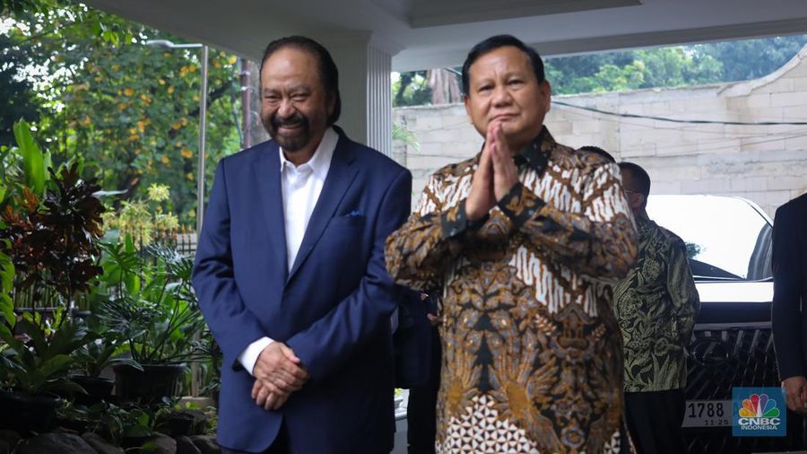 Presiden terpilih periode 2024-2029 Prabowo Subianto dan Ketua Umum Partai NasDem Surya Paloh memberikan keterengan usai menggelar pertemuan di Rumah Kertanegara, Jakarta, Kamis (25/4/2024). (CNBC Indonesia/Faisal Rahman)