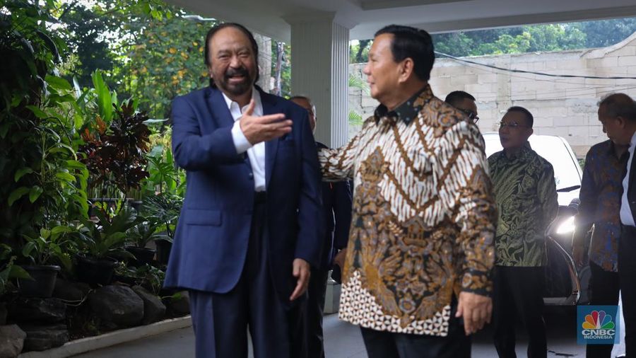 Presiden terpilih periode 2024-2029 Prabowo Subianto dan Ketua Umum Partai NasDem Surya Paloh memberikan keterengan usai menggelar pertemuan di Rumah Kertanegara, Jakarta, Kamis (25/4/2024). (CNBC Indonesia/Faisal Rahman)