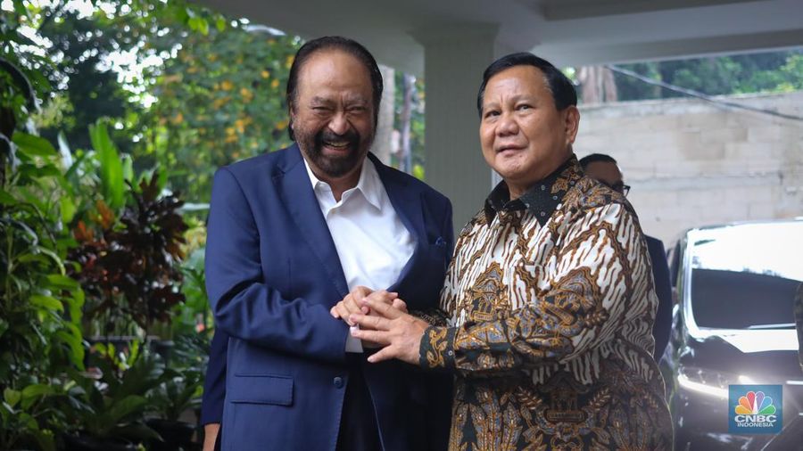 Presiden terpilih periode 2024-2029 Prabowo Subianto dan Ketua Umum Partai NasDem Surya Paloh memberikan keterengan usai menggelar pertemuan di Rumah Kertanegara, Jakarta, Kamis (25/4/2024). (վ/Faisal Rahman)