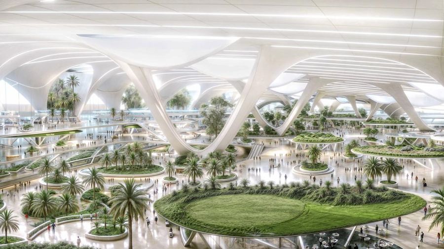 Gambar rencana pembangunan Bandara Internasional Al Maktoum Dubai dipamerkan di Dubai World Central,Dubai, Uni Emirat Arab. Pemerintah Dubai mengumumkan dimulainya pembangunan terminal bandara terbesar di dunia, Minggu, 28 April 2024. (Planet Labs PBC via AP)
