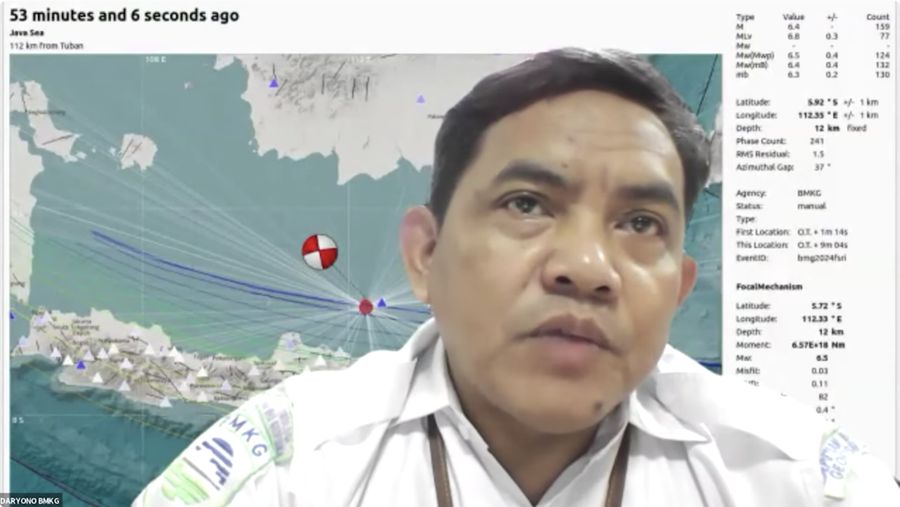 Kepala Pusat Gempa BMKG, Daryono dalam Konferensi Pers pada Minggu (28/4/2024) mengenai gempa bumi tektonik dengan Magnitudo 6.2 yang mengguncang Garut, Jawa Barat. (Tangkapan Layar Youtube Info BMKG)