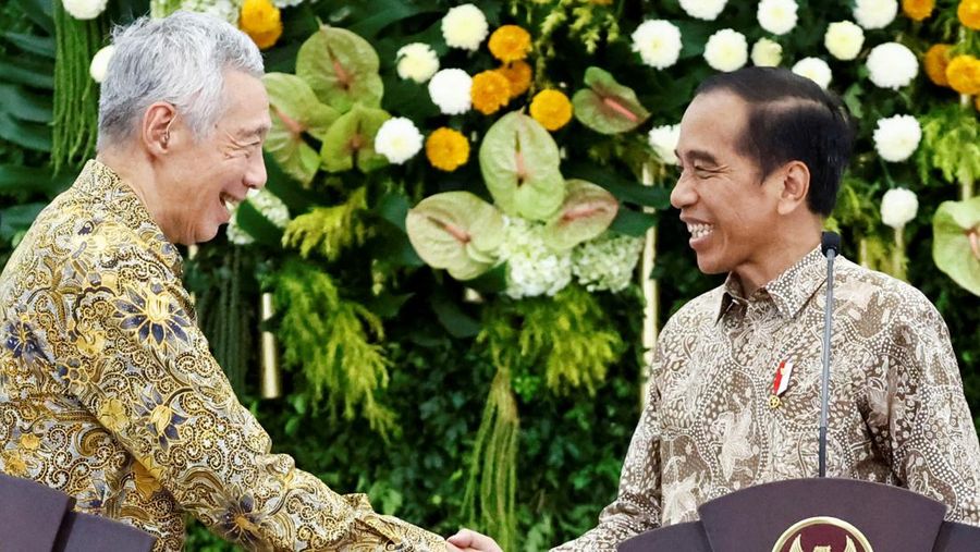 Perdana Menteri Singapura Lee Hsien Loong dan Presiden Indonesia Joko Widodo bertemu di Istana Kepresidenan di Bogor, Indonesia 29 April 2024. (REUTERS/Willy Kurniawan)