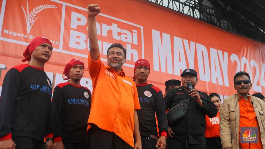 Presiden Partai Buruh, Said Iqbal saat acara May Day Fiesta di Stadion Madya, Senayan, Jakarta, Rabu (1/5/2024). (²©²ÊÍøÕ¾/Faisal Rahman)