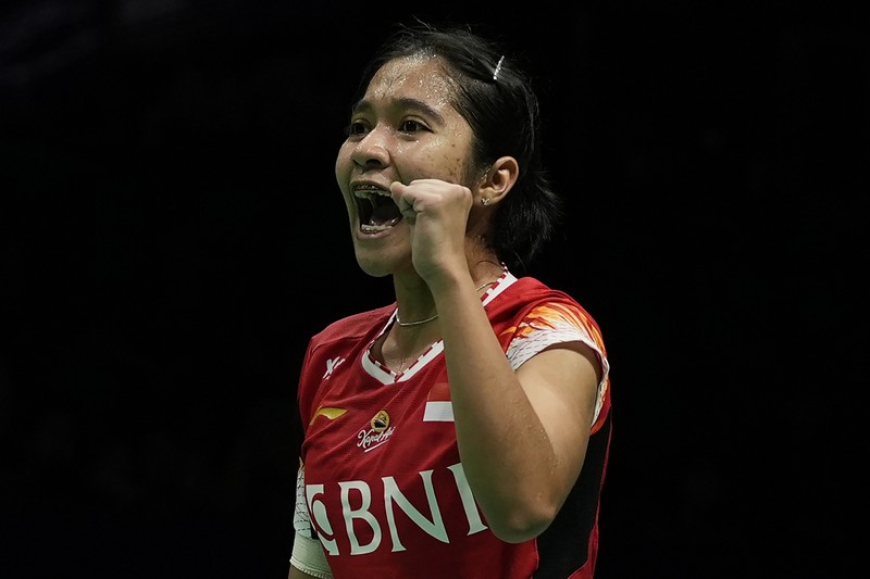 Pebulutangkis Ganda Putra Indonesia Fajar Alfian dan Rian Ardianto saat berlaga di Thomas Cup. (AP/Ng Han Guan)