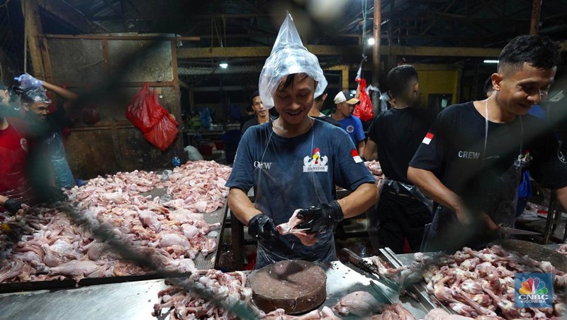 Pekerja memilah potongan ayam untuk dimasukkan ke dalam plastik kemasan di Rumah Potong Hewan (RPH) Unggas, Pasar Minggu, Jakarta Selatan, Selasa (7/5/2024). (CNBC Indonesia/Muhammad Sabki)