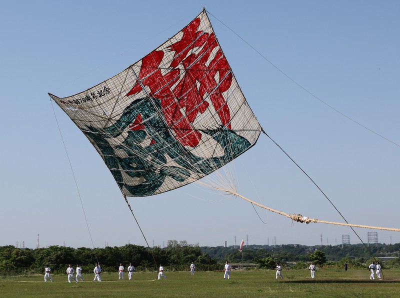 Para peserta bersiap menerbangkan layang-layang besar selama Oodako Matsuri, festival layang-layang raksasa, di Sagamihara, selatan Tokyo, Jepang, 4 Mei 2024. Para peserta bersiap menerbangkan layang-layang besar selama Oodako Matsuri, festival layang-layang raksasa, di Sagamihara, selatan Tokyo, Jepang, 4 Mei 2024. Festival tahunan ini telah diwariskan selama lebih dari satu abad sebagai bentuk doa untuk membantu memastikan panen yang bagus. (REUTERS/Kim Kyung-Hoon)
