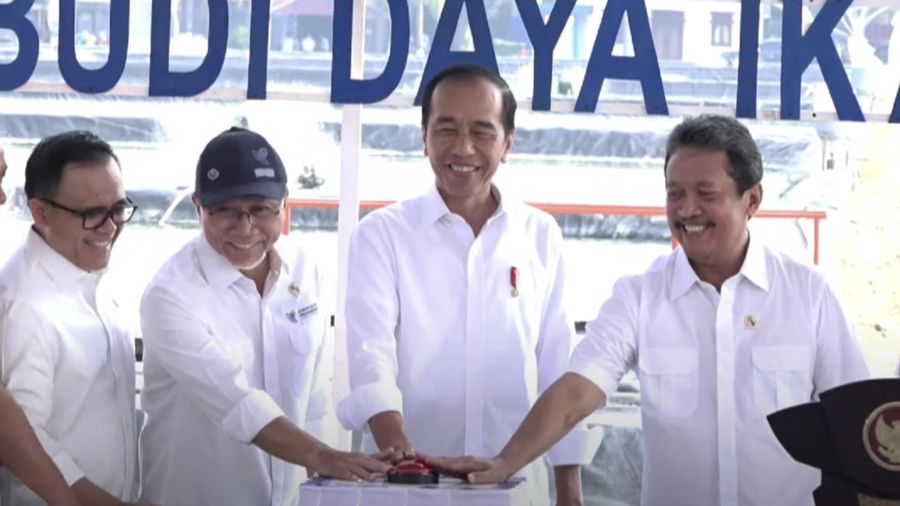 residen Joko Widodo saat acara peresmian Tambak Budi Daya Ikan Nila Salin (BINS) di Balai Layanan Usaha Produksi Perikanan Budi Daya (BLUPPB) di Karawang. (YouTube/Sekretariat Presiden)