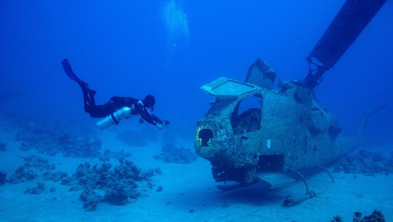 Seorang penyelam berenang di samping kendaraan militer yang tenggelam di Museum Militer Bawah Air di Aqaba, Yordania, 7 Mei 2024. (REUTERS/Stelios Misinas)     TPX IMAGES OF THE DAY