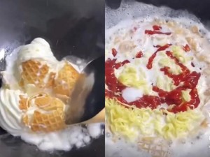 Agak Lain! Es Krim Dimakan dengan Nasi Padang hingga Mie Instan
