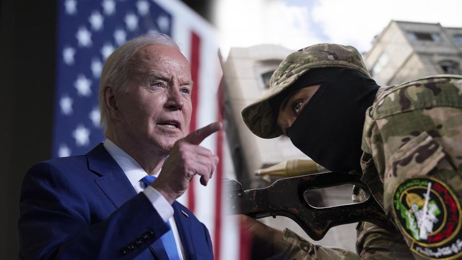 Foto Kolase Presiden AS Joe Biden dan Hamas. (AP Photo)