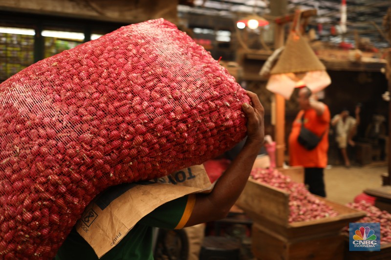 Pekerja membersihkan bawang merah yang baru tiba dari Brebes, di Pasar Induk, Kramat Jati, Jakarta Senin (13/5/2024). (CNBC Indonesia/Tri Susilo) Pekerja membersihkan bawang merah yang baru tiba dari Brebes, di Pasar Induk, Kramat Jati, Jakarta Senin (13/5/2024). (CNBC Indonesia/Tri Susilo)
