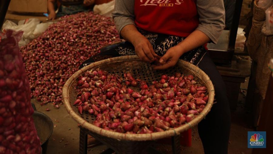 Pekerja membersihkan bawang merah yang baru tiba dari Brebes, di Pasar Induk, Kramat Jati, Jakarta Senin (13/5/2024). (CNBC Indonesia/Tri Susilo)