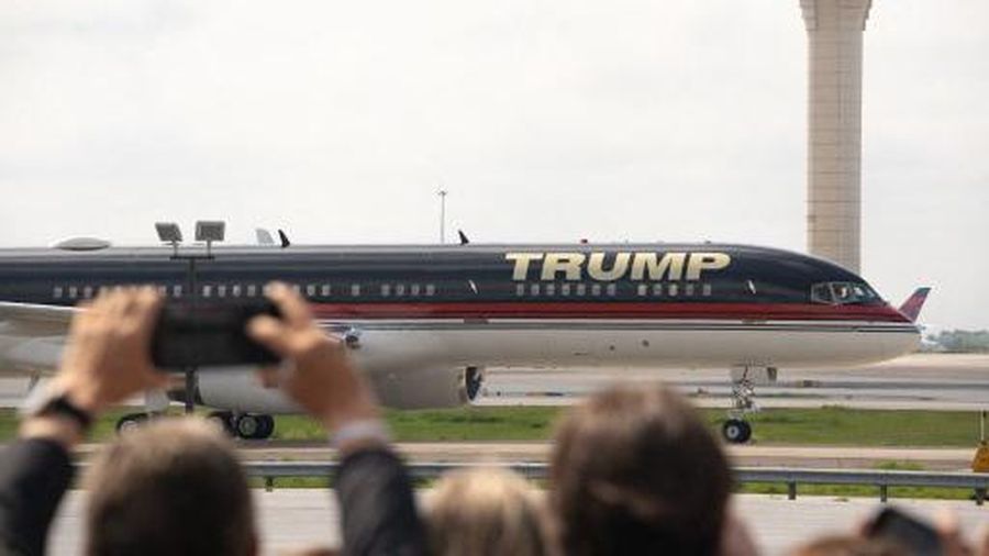 ATLANTA, GEORGIA - APRIL 10: The plane carrying former U.S. President Donald Trump arrives at the Atlanta Airport on April 10, 2024 in Atlanta, Georgia. Trump is visiting Atlanta for a campaign fundraising event he is hosting.   Megan Varner/Getty Images/AFP (Photo by Megan Varner / GETTY IMAGES NORTH AMERICA / Getty Images via AFP)