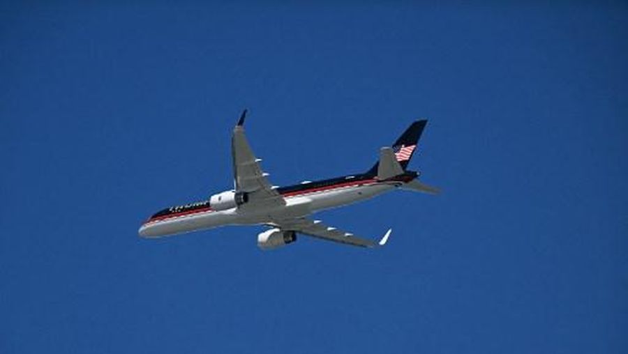 The plane of former US President and 2024 Republican presidential candidate Donald Trump comes in to land ahead of a campaign rally in Wildwood, New Jersey, on May 11, 2024. Trump indicated Saturday that he is not considering his former Republican rival Nikki Haley for vice president. The 77-year-old real estate tycoon, who hopes to return to the White House, has everyone guessing about whom he will pick as his running mate in the November vote. (Photo by Jim WATSON / AFP)