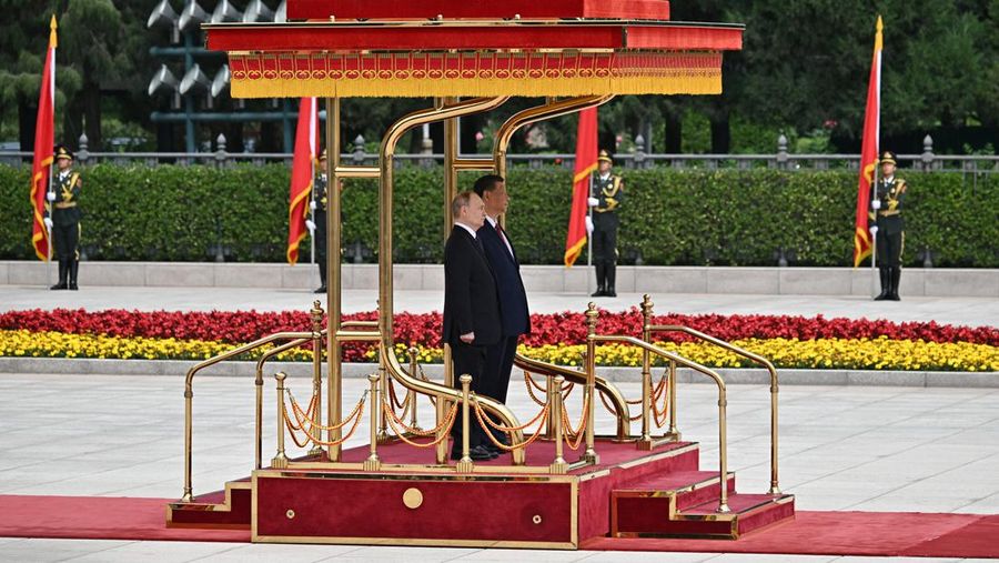 Russian President Vladimir Putin and Chinese President Xi Jinping attend an official welcoming ceremony in Beijing, China May 16, 2024. Sputnik/Sergei Bobylev/Pool via REUTERS ATTENTION EDITORS - THIS IMAGE WAS PROVIDED BY A THIRD PARTY.