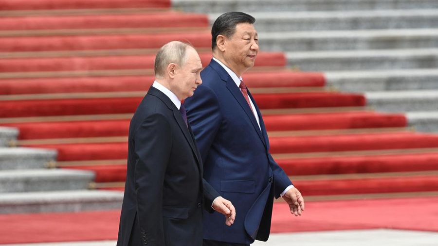 Russian President Vladimir Putin and Chinese President Xi Jinping attend an official welcoming ceremony in Beijing, China May 16, 2024. Sputnik/Sergei Bobylev/Pool via REUTERS ATTENTION EDITORS - THIS IMAGE WAS PROVIDED BY A THIRD PARTY.