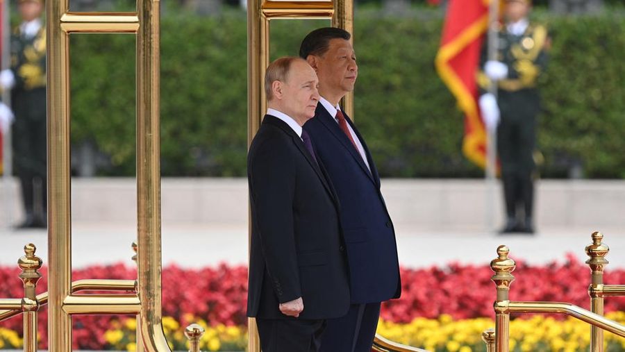 Russian President Vladimir Putin and Chinese President Xi Jinping attend an official welcoming ceremony in Beijing, China May 16, 2024. Sputnik/Sergei Bobylev/Pool via REUTERS ATTENTION EDITORS - THIS IMAGE WAS PROVIDED BY A THIRD PARTY.