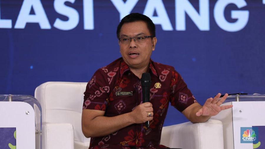 Deputi Bidang Ketersediaan dan Stabilisasi Pangan Badan Pangan Nasional (Bapanas) - I Gusti Ketut Astawa dalam rapat kerja Forum Kerja Sama Daerah Mitra Praja Utama 2024 di Hotel Borobudur, Jakarta, Jumat (17/5/2024). (CNBC Indonesia/Tri Susilo)