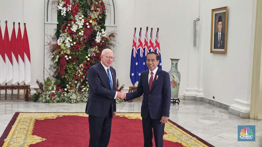 Presiden Joko Widodo (Jokowi) Joko Widodo menerima kunjungan Gubernur Jenderal Australia David Hurley di Istana Bogor, Jumat (17/5/2024). David disambut dengan upacara kenegaraan. (CNBC Indonesia/Emir Yanwrdhana)