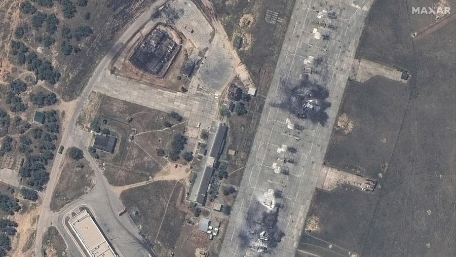 This image released by Maxar Technologies shows an overview of destroyed MiG 31 fighter aircraft and fuel storage facility at Belbek air base, near Sevastopol, in Crimea, Thursday, May 16, 2024. (Satellite image ©2024 Maxar Technologies via AP)