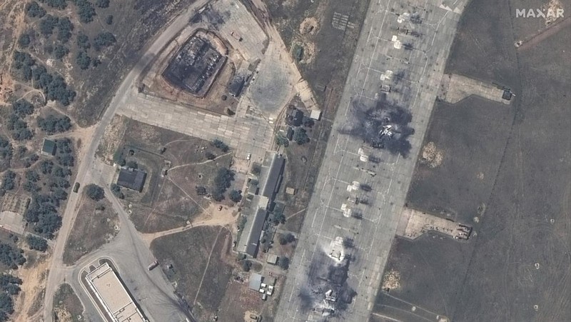 This image released by Maxar Technologies shows an overview of destroyed MiG 31 fighter aircraft and fuel storage facility at Belbek air base, near Sevastopol, in Crimea, Thursday, May 16, 2024. (Satellite image ©2024 Maxar Technologies via AP)