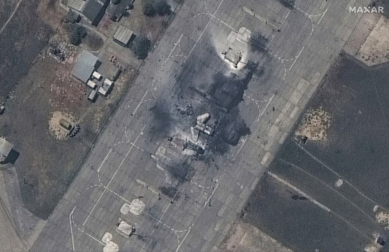 Russia Ukraine War This image released by Maxar Technologies shows an overview of destroyed MiG 31 fighter aircraft and fuel storage facility at Belbek air base, near Sevastopol, in Crimea, Thursday, May 16, 2024. (Satellite image ©2024 Maxar Technologies via AP)