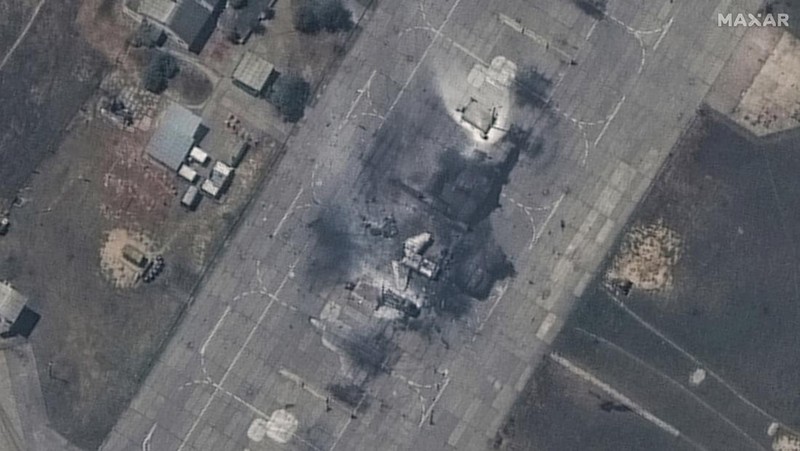 This image released by Maxar Technologies shows an overview of destroyed MiG 31 fighter aircraft and fuel storage facility at Belbek air base, near Sevastopol, in Crimea, Thursday, May 16, 2024. (Satellite image ©2024 Maxar Technologies via AP)