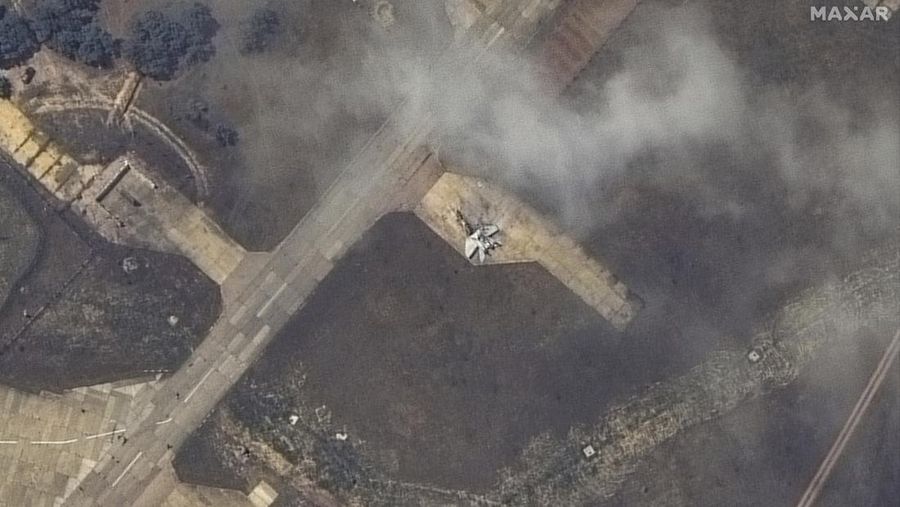 This image released by Maxar Technologies shows an overview of destroyed MiG 31 fighter aircraft and fuel storage facility at Belbek air base, near Sevastopol, in Crimea, Thursday, May 16, 2024. (Satellite image ©2024 Maxar Technologies via AP)