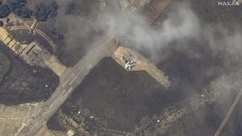This image released by Maxar Technologies shows an overview of destroyed MiG 31 fighter aircraft and fuel storage facility at Belbek air base, near Sevastopol, in Crimea, Thursday, May 16, 2024. (Satellite image ©2024 Maxar Technologies via AP)