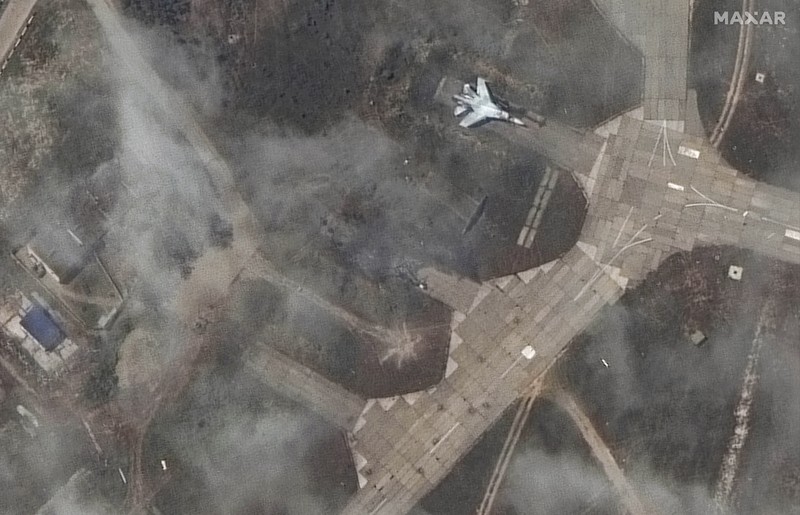 Russia Ukraine War This image released by Maxar Technologies shows an overview of destroyed MiG 31 fighter aircraft and fuel storage facility at Belbek air base, near Sevastopol, in Crimea, Thursday, May 16, 2024. (Satellite image ©2024 Maxar Technologies via AP)
