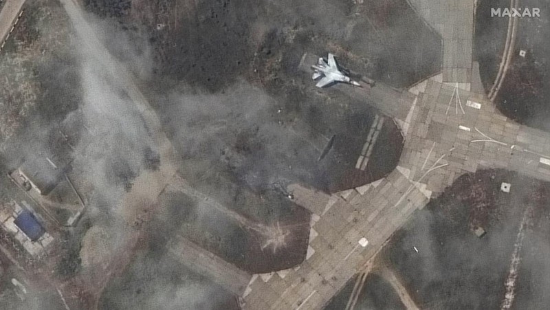 This image released by Maxar Technologies shows an overview of destroyed MiG 31 fighter aircraft and fuel storage facility at Belbek air base, near Sevastopol, in Crimea, Thursday, May 16, 2024. (Satellite image ©2024 Maxar Technologies via AP)