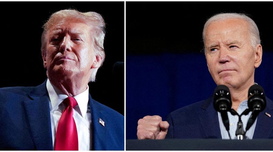 FILE PHOTO: Combination picture showng Republican presidential candidate and former U.S. President Donald Trump reacting on stage during a campaign rally in Richmond, Virginia, U.S. March 2, 2024, and U.S. President Joe Biden gesturing while delivering remarks on lowering costs for American families, in Las Vegas, Nevada, U.S., March 19, 2024. REUTERS/Jay Paul and Kevin Lamarque/File Photo