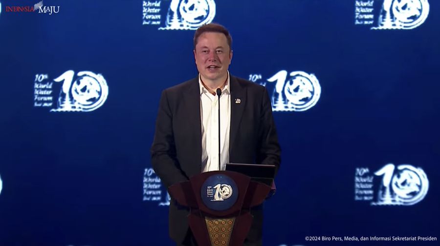 Bos Tesla dan Space X, Elon Musk berbicara dalam World Water Forum ke-10 di Bali International Convention Center (BICC), Nusa Dua, Bali, Senin (20/5/2024). (Tangkapan Layar Youtube Sekretariat Presiden)