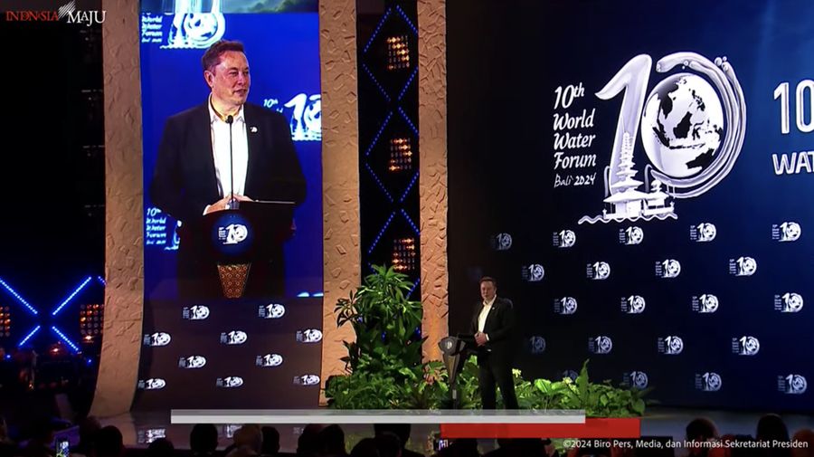 Bos Tesla dan Space X, Elon Musk berbicara dalam World Water Forum ke-10 di Bali International Convention Center (BICC), Nusa Dua, Bali, Senin (20/5/2024). (Tangkapan Layar Youtube Sekretariat Presiden)