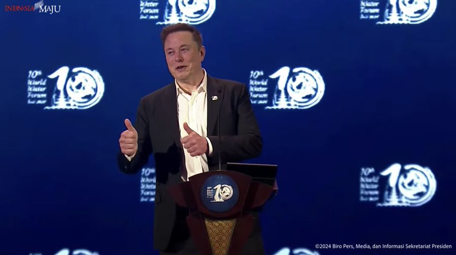 Bos Tesla dan Space X, Elon Musk berbicara dalam World Water Forum ke-10 di Bali International Convention Center (BICC), Nusa Dua, Bali, Senin (20/5/2024). (Tangkapan Layar Youtube Sekretariat Presiden)