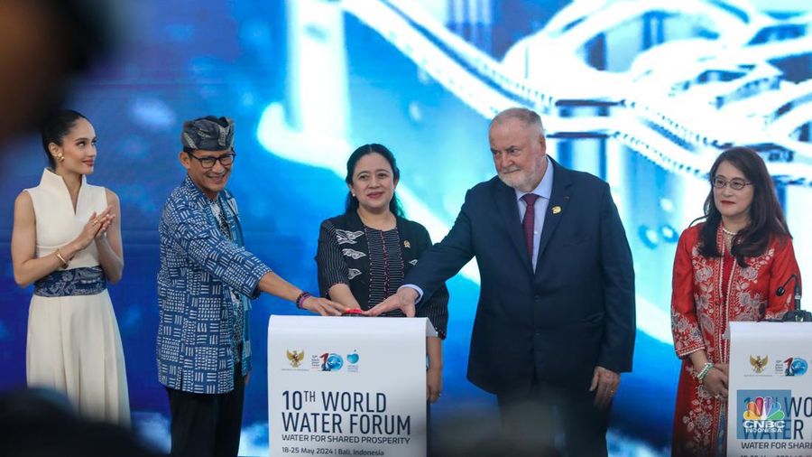 Ketua DPR RI, Puan Maharani saat peresmian Expo and Fair World Water Forum ke-10 di Bali Nusa Dua Convention Center (BNCC), Nusa Dua, Bali, Senin (20/5/2024). (CNBC Indonesia/FaisaL Rahman)