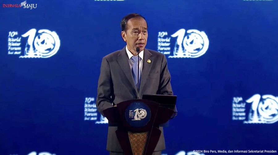 Presiden Joko Widodo memberikan sambutan dalam pembukaan World Water Forum di Bali International Convention Center (BICC), Nusa Dua, Bali, Senin (20/5/2024). (Tangkapan Layar Youtube Sekretariat Presiden)