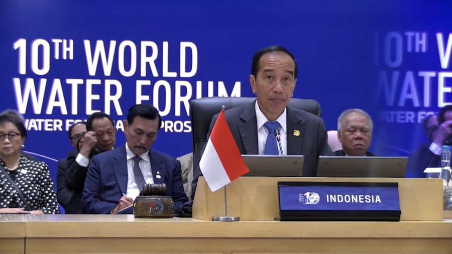 Presiden Joko Widodo saat berbicara dalam World Water Forum ke-10 di Bali International Convention Center (BICC), Nusa Dua, Bali, Senin (20/5/2024). (Tangkapan Layar Youtube Kemkominfo)