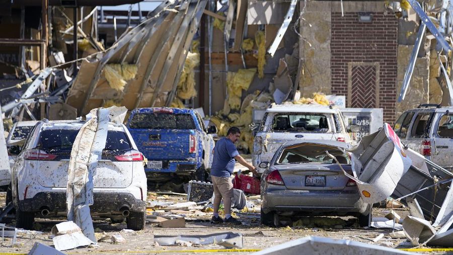 Wreckage is strewn across a property the day after a deadly series of tornados hit the central United States, in Valley View, Texas, U.S. in a still image from aerial video.  ABC Affiliate WFAA via REUTERS.  NO RESALES. NO ARCHIVES. MANDATORY CREDIT