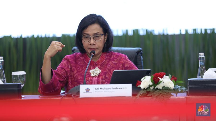 Menteri Keuangan Sri Mulyani Memberi Keterangan di Konferensi Pers APBN KITA. (CNBC Indonesiaa/Tri Susilo)