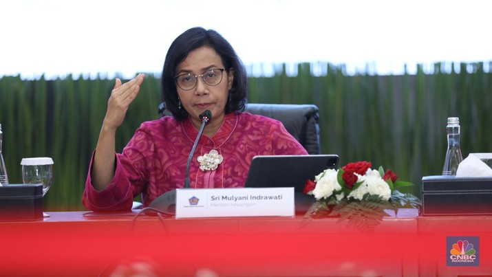 Menteri Keuangan Sri Mulyani Memberi Keterangan di Konferensi Pers APBN KITA. (CNBC Indonesiaa/Tri Susilo)