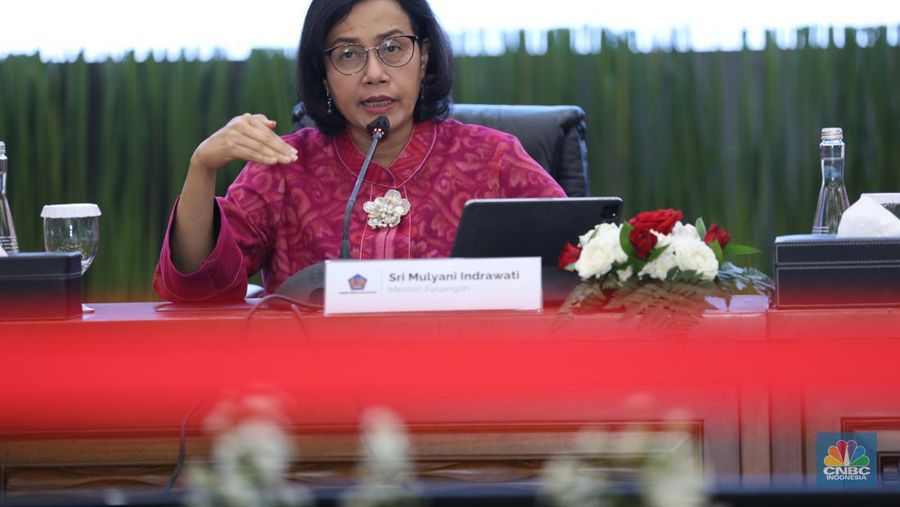 Menteri Keuangan Sri Mulyani Memberi Keterangan di Konferensi Pers APBN KITA. (CNBC Indonesiaa/Tri Susilo)