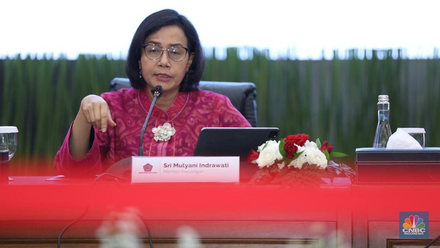 Menteri Keuangan Sri Mulyani Memberi Keterangan di Konferensi Pers APBN KITA. (CNBC Indonesiaa/Tri Susilo)